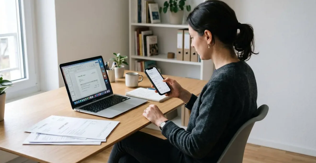 Auto-entrepreneur dans son bureau à domicile consultant son application bancaire professionnelle sur smartphone, environnement de travail moderne et épuré avec ordinateur portable et documents
