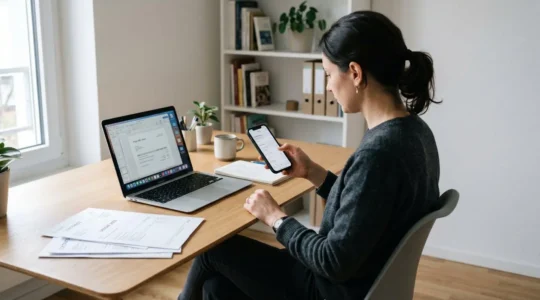 Auto-entrepreneur dans son bureau à domicile consultant son application bancaire professionnelle sur smartphone, environnement de travail moderne et épuré avec ordinateur portable et documents