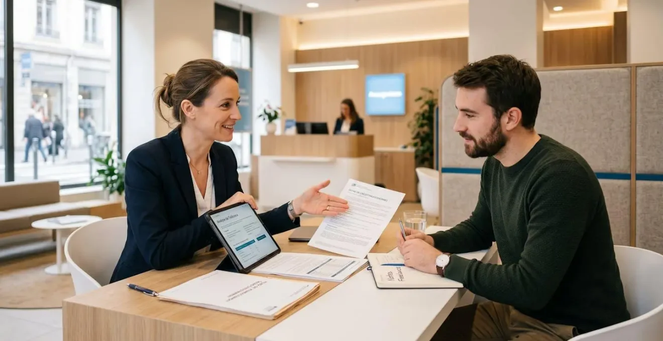 Conseiller bancaire et auto-entrepreneur en entretien dans une agence bancaire moderne, consultation de documents professionnels sur tablette