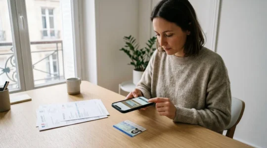 Personne photographiant sa carte d'identité française avec un smartphone pour un dossier d'ouverture de compte bancaire en ligne, documents administratifs organisés sur un bureau contemporain