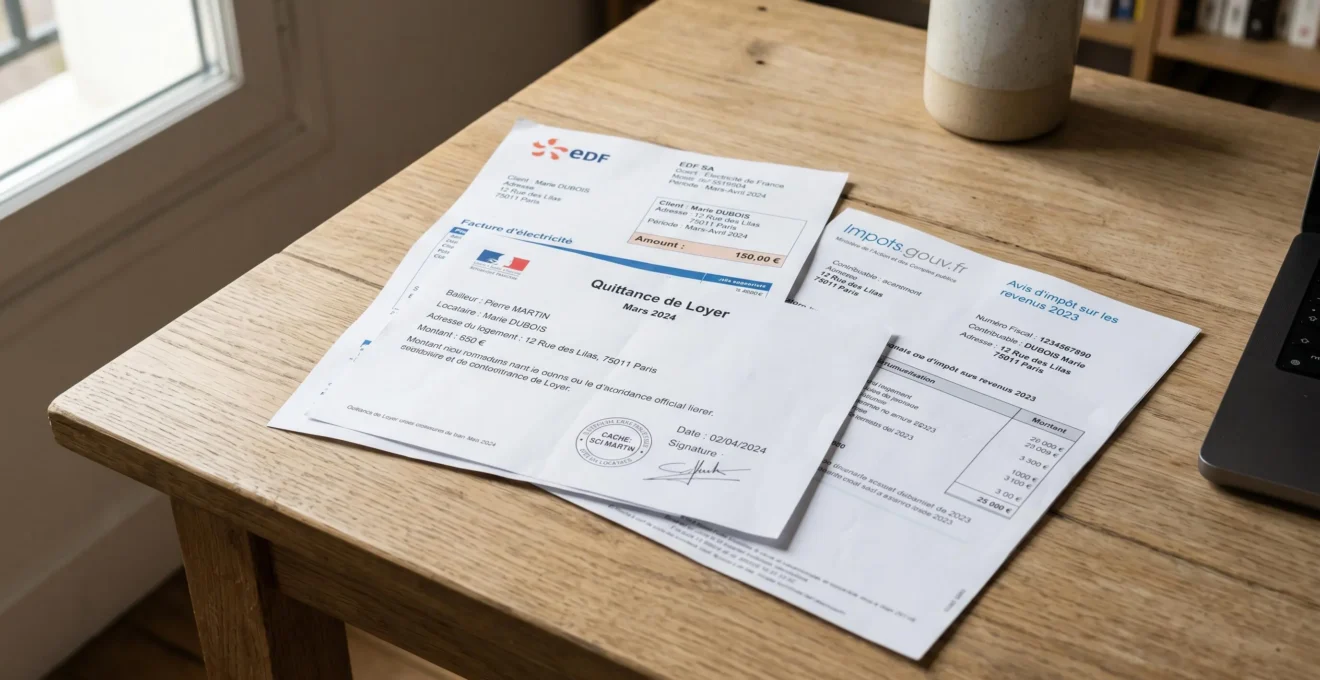 Trois justificatifs de domicile français disposés sur une table : facture EDF, quittance de loyer et avis d'imposition