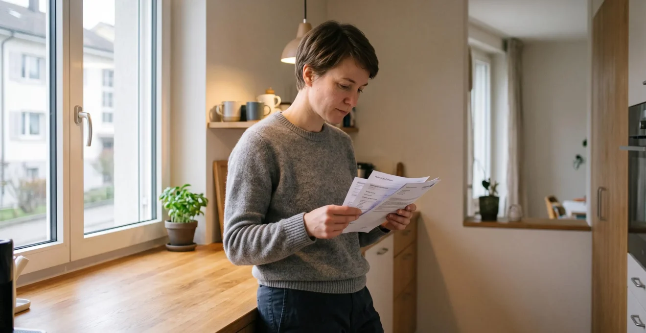 Personne consultant ses relevés bancaires et documents financiers à domicile dans un intérieur suisse