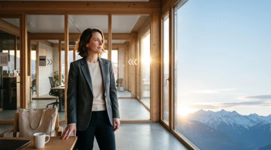 Entrepreneur suisse examinant les opportunites de financement public dans un cadre alpin moderne