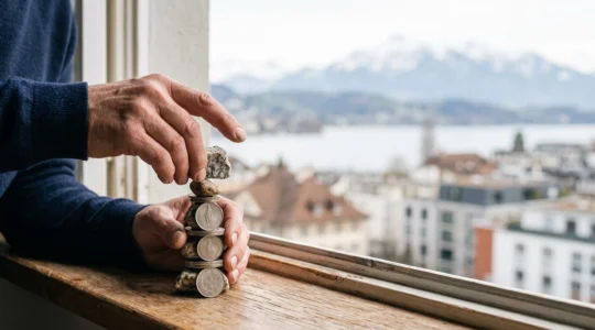 Une personne empile progressivement des pièces et des blocs symbolisant la construction d'un apport personnel en Suisse, avec un paysage urbain suisse en arrière-plan flou