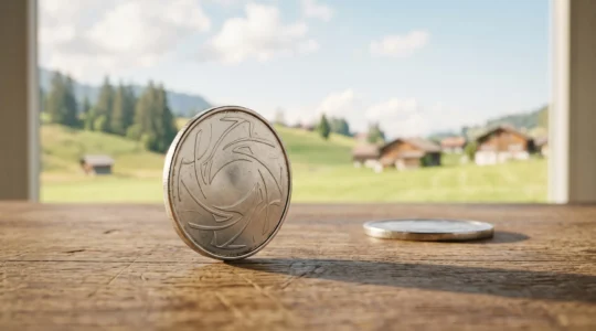 Piece de monnaie suisse posee en equilibre a cote d'une piece euro sur un fond de paysage alpin flou, symbolisant le choix entre epargne francaise et suisse