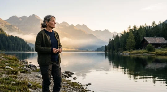 Personne contemplant un paysage suisse au bord d'un lac alpin, symbolisant la planification de l'épargne selon différents horizons de temps
