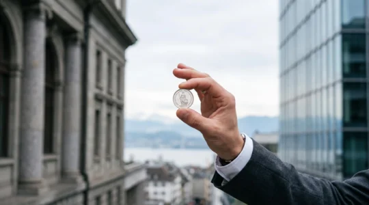 Entrepreneur suisse tenant une pièce en franc suisse devant un paysage alpin symbolisant le choix d'un compte bancaire professionnel