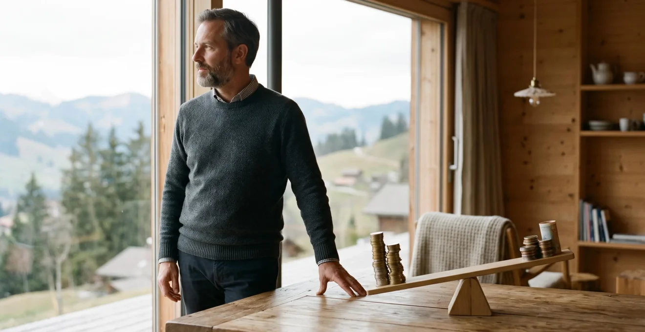Un homme d'affaires suisse observant une balance symbolique entre confort mensuel et economies d'interets, avec les Alpes en arriere-plan