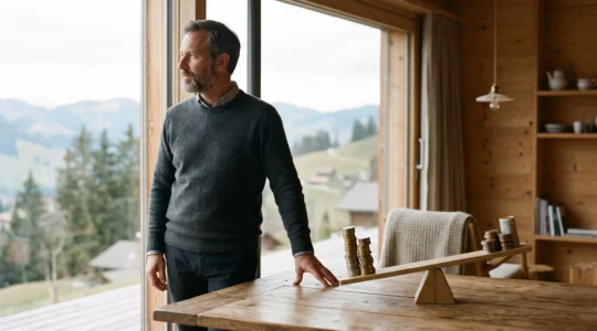 Un homme d'affaires suisse observant une balance symbolique entre confort mensuel et economies d'interets, avec les Alpes en arriere-plan