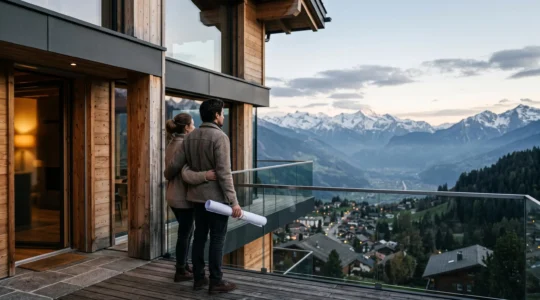 Silhouette d'un couple face à une maison suisse moderne avec les Alpes en arrière-plan, symbolisant le choix d'un prêt immobilier