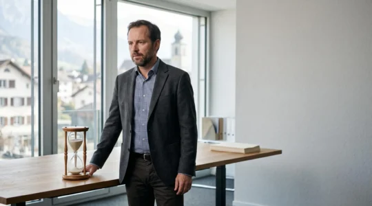 Un entrepreneur suisse observe un sablier symbolisant les six mois de tresorerie necessaires pour faire face a une absence de rentree d'argent