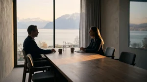 Rendez-vous entre un client et son conseiller bancaire dans une banque suisse, symbolisant la recherche d'un conseil transparent au-delà de la vente de produits.