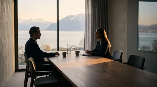 Rendez-vous entre un client et son conseiller bancaire dans une banque suisse, symbolisant la recherche d'un conseil transparent au-delà de la vente de produits.