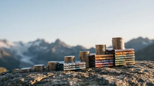 Pièces et billets en francs suisses agencés en escalier ascendant devant un paysage alpin suisse stylisé, symbolisant la croissance du rendement de l'épargne