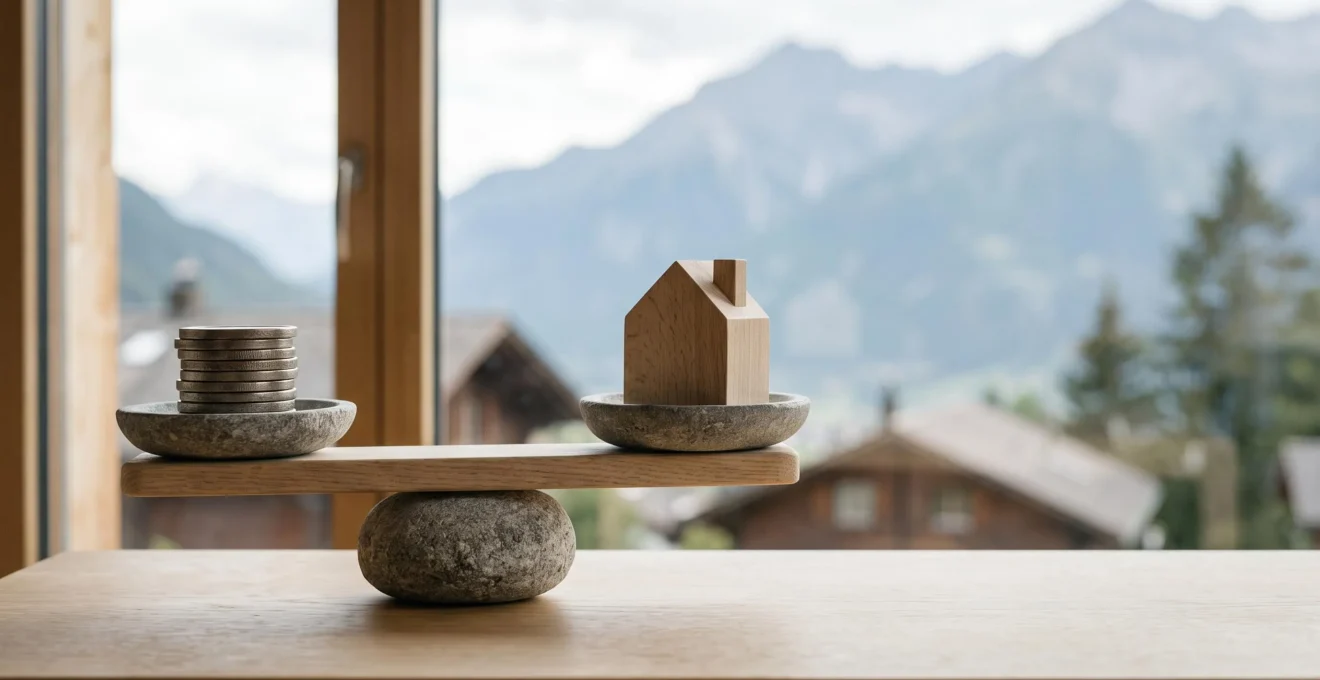 Une balance en pierre et bois représentant l'équilibre entre le montant d'un prêt hypothécaire et la stabilité financière d'un ménage suisse