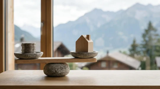 Une balance en pierre et bois représentant l'équilibre entre le montant d'un prêt hypothécaire et la stabilité financière d'un ménage suisse