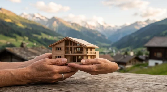 Mains tenant une maquette de bâtiment en bois devant un paysage alpin suisse, symbolisant le financement d'un projet local