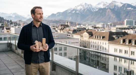 Entrepreneur suisse examinant une maquette de financement avec vue sur les montagnes et une banque cantonale en arrière-plan