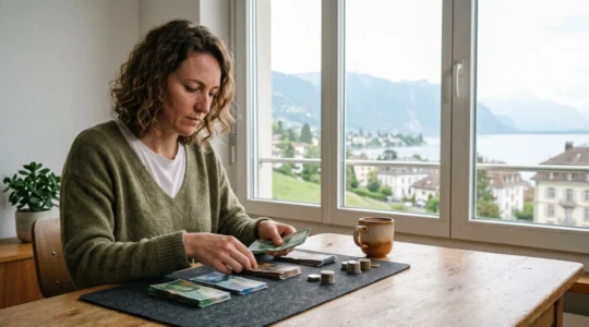 Entrepreneur independant suisse organisant ses finances professionnelles avec vue sur un paysage alpin