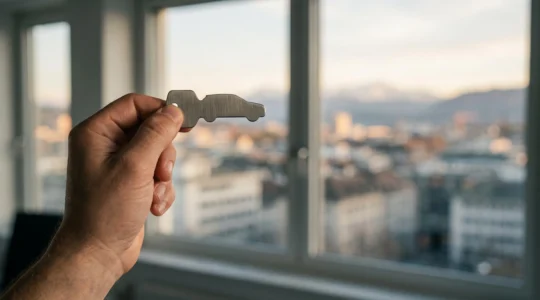 Main d'entrepreneur suisse tenant une cle symbolique face a un paysage alpin, illustrant le choix strategique du leasing professionnel