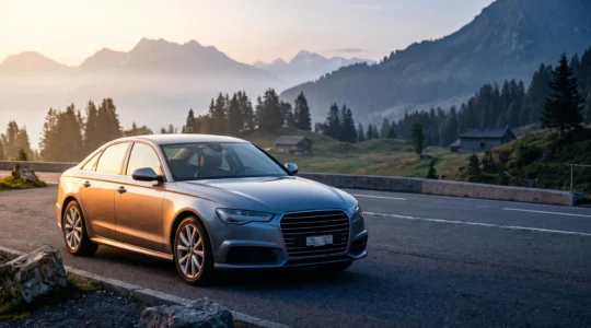 Une voiture moderne garée devant un paysage suisse épuré, symbolisant le choix entre leasing et propriété automobile
