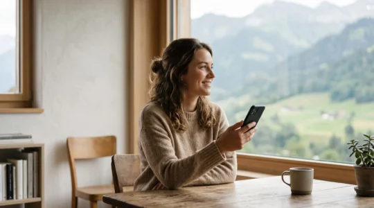 Jeune adulte ouvrant un compte bancaire en ligne depuis son smartphone dans un cadre suisse épuré