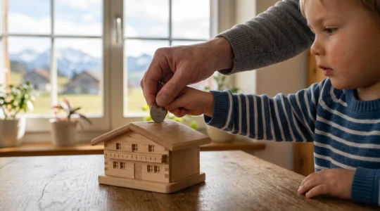 Un parent et son enfant déposent une pièce dans une tirelire en bois en forme de chalet, symbolisant l'ouverture d'un livret d'épargne jeunesse en Suisse