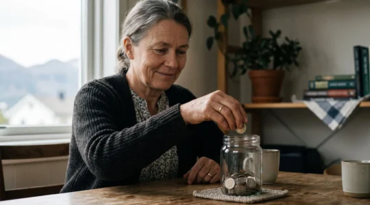 Une personne dépose des pièces de monnaie suisses dans une tirelire en verre, dans un intérieur suisse modeste et lumineux