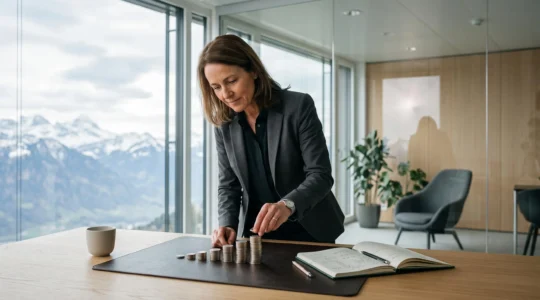 Dirigeant d'entreprise suisse consultant les indicateurs de trésorerie de sa PME dans un bureau épuré avec vue sur les montagnes