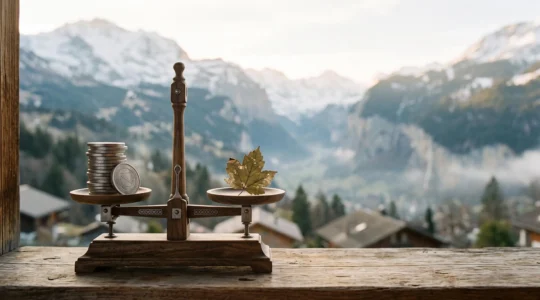 Illustration symbolique représentant l'équilibre entre épargne et fiscalité en Suisse, avec des éléments alpins évoquant la prudence financière helvétique.