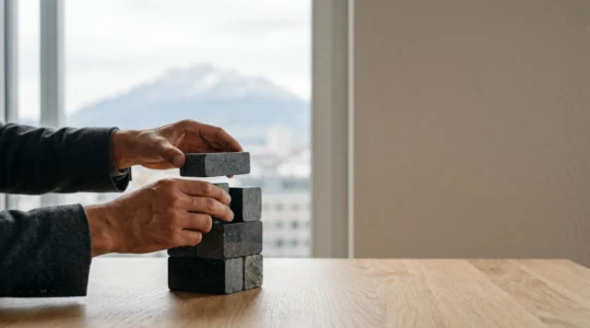 Entrepreneur suisse construisant symboliquement les bases financières solides de son projet face à une banque