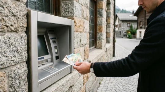 Main retirant des billets de banque à un distributeur automatique dans une rue suisse typique, illustrant le thème des retraits sans frais en Suisse.