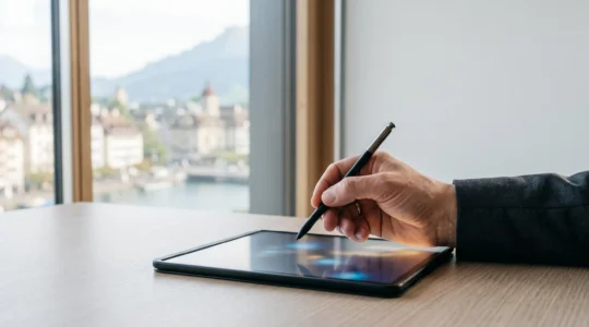 Personne signant un document bancaire depuis une tablette numérique dans un cadre suisse épuré, symbolisant la sécurité et la légalité de la signature électronique.