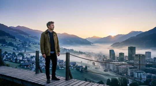 Entrepreneur suisse observant plusieurs chemins symbolisant les différentes sources de financement disponibles pour son entreprise