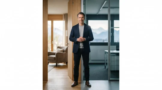 Entrepreneur suisse debout entre deux univers visuels distincts symbolisant la séparation de ses finances personnelles et professionnelles