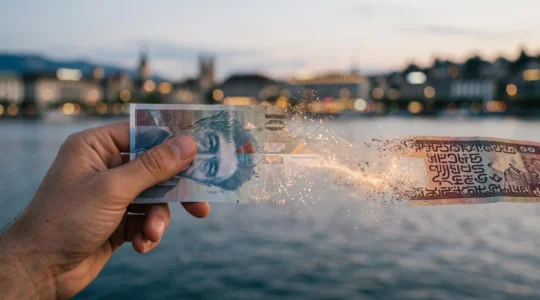 Illustration symbolique d'un billet de banque suisse se transformant en devise etrangere lors d'un transfert international, evoquant les frais caches