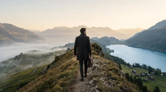 Illustration symbolique d'un chemin de montagne suisse reliant deux vallees, evoquant la transition patrimoniale d'un epargnant francais s'installant en Suisse
