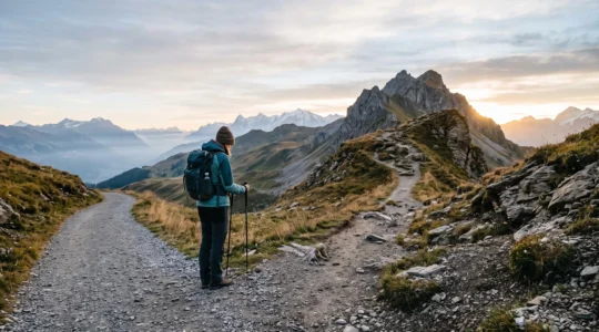 Deux chemins de montagne suisses qui se séparent, symbolisant les différentes voies de financement selon la nature du projet